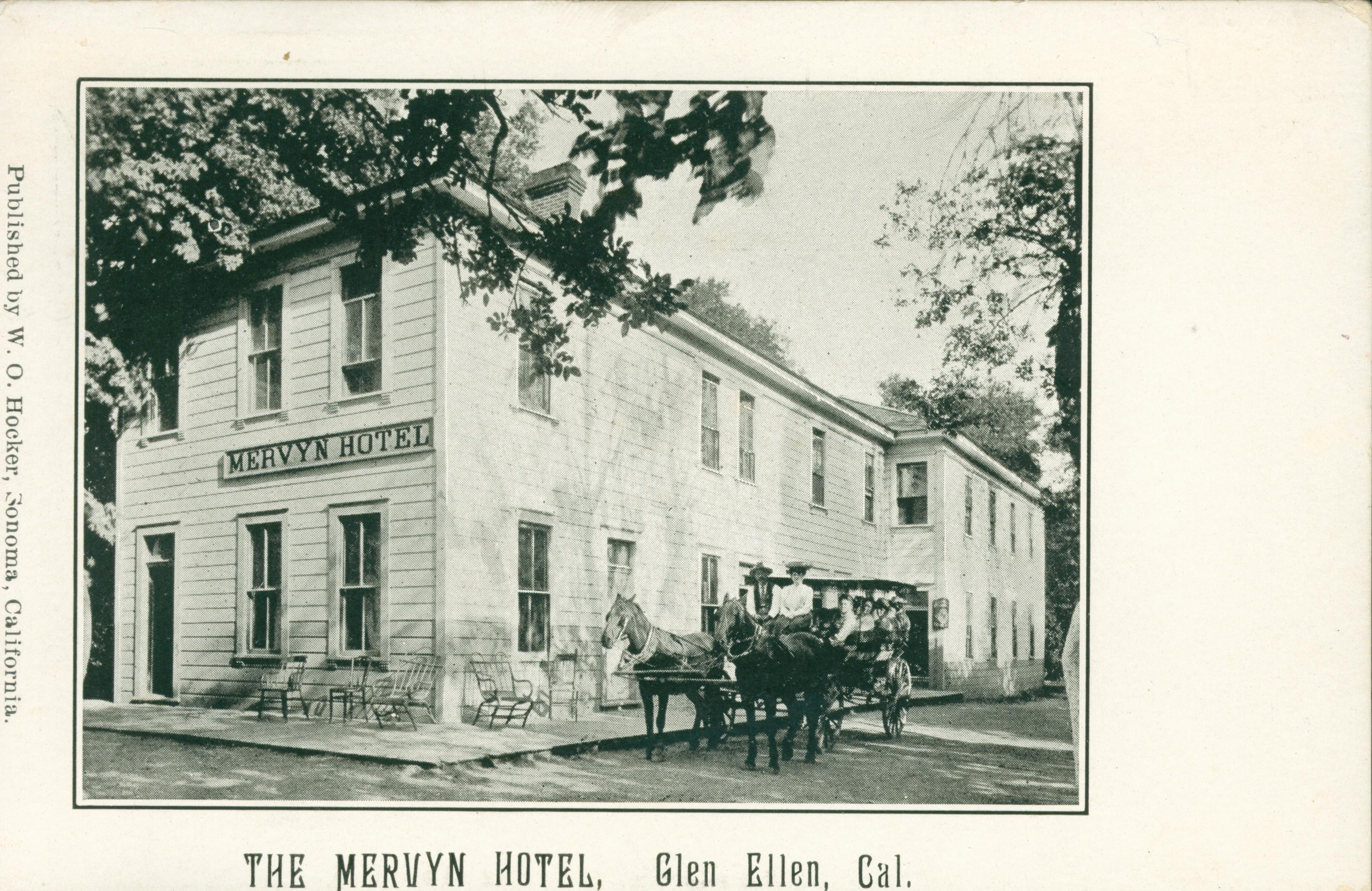 Shows a corner view of the Mervyn Hotel